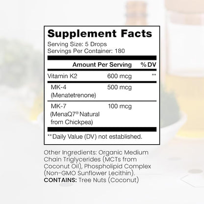 Pure Therapro Rx Ultimate K2 Supplement | Liquid Liposomal Vitamin K2 Drops | 180 Serving | 600mcg Vegan K2 as MK4 & MenaQ7 MK7 | Supports Bone Health, Heart Health, Skin & Hair | 20 mL