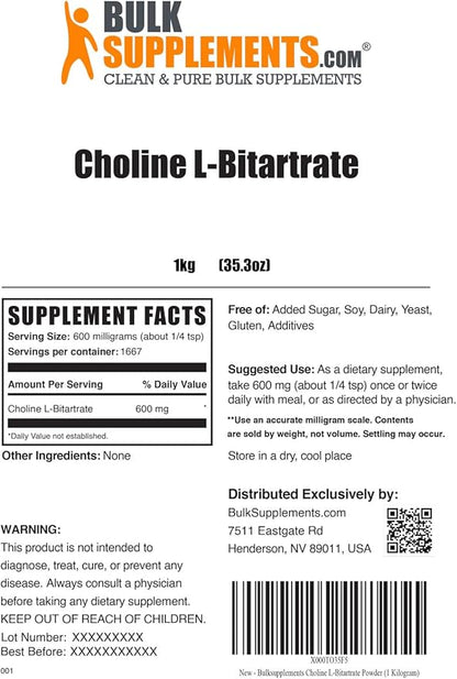 BulkSupplements.com Choline L-Bitartrate Powder - Choline Powder - Cognitive Support Supplements - Choline Supplements - Liver Focus Supplement - Choline Bitartrate Powder (5 Kilograms - 11 lbs)