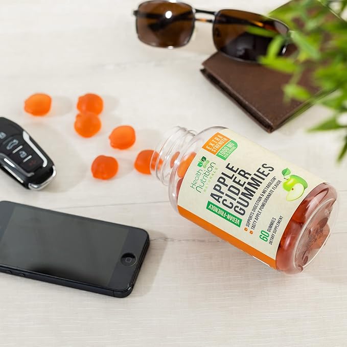 Vegan Apple Cider Vinegar Gummies | Max Strength 1000mg | ACV Supplement Gummy Vitamins for Adults, Supports Digestion, Metabolism, Natural Apple Flavor with Mother, Gluten Free, Non-GMO - 60 Gummies