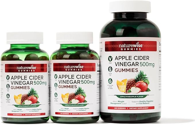 NatureWise Apple Cider Vinegar Gummies - 500mg ACV Gummies with Vitamin B12 - Apple-Pineapple Flavor - Support for Energy & Gut Health - Vegan, Gluten-Free, Non-GMO - 180 Gummies[6-Month Supply]