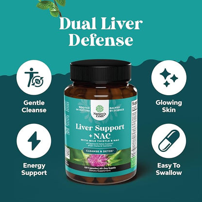 Liver Support Supplement with NAC - Herbal Liver Supplement with N Acetyl Cysteine Silymarin Milk Thistle Extract Dandelion Root Artichoke Extract Choline Bitartrate and Berberine 120 Capsules