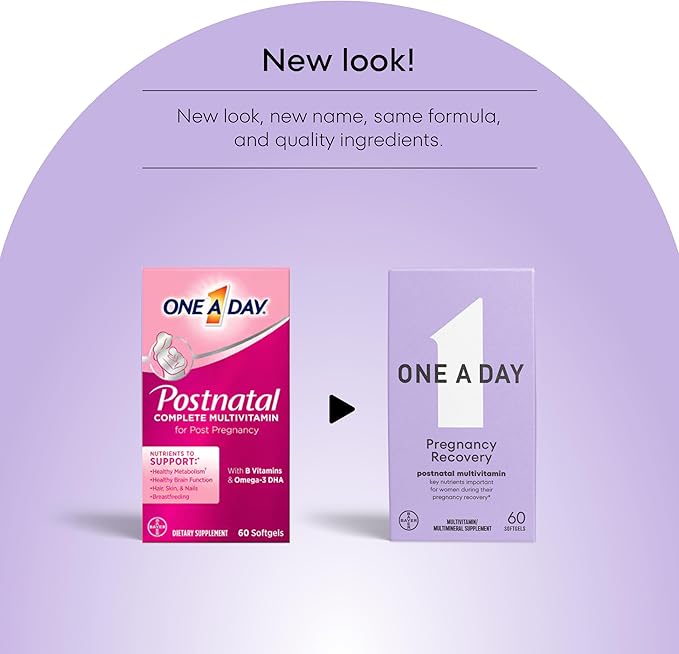 ONE A DAY Postnatal Complete Multivitamin for Post-Pregnancy with Folic Acid and Omega-3 DHA, 60 Count (Packaging May Vary)