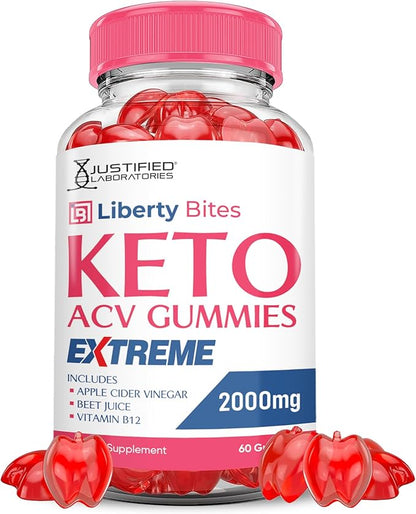 Liberty Bites Keto ACV Gummies Extreme 2000MG Libertybites Keto Gummies Apple Cider Vinegar Formulated with Pomegranate Beet Juice Powder B12 Vegan Non GMO 60 Gummys