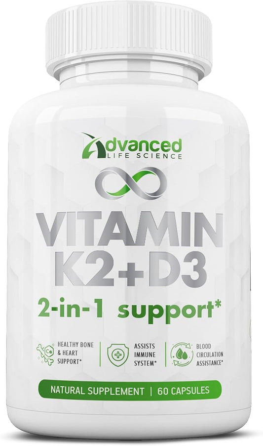 Balanced Vitamin K2 MK7 with D3 Supplement, 125mcg - Supports Strong Bones, Healthy Skin, Cardio. Fast Absorption, Easy Swallow, Non-GMO, Lab Tested Safe