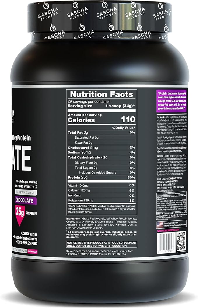 SASCHA FITNESS Hydrolyzed Whey Protein Isolate,100% Grass-Fed (2 Pound,Chocolate)