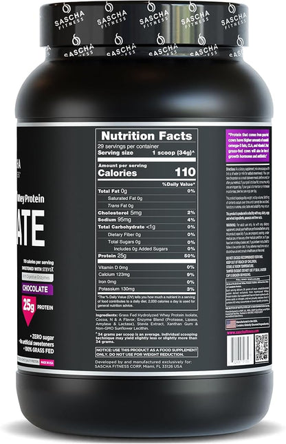 SASCHA FITNESS Hydrolyzed Whey Protein Isolate,100% Grass-Fed (2 Pound,Chocolate)
