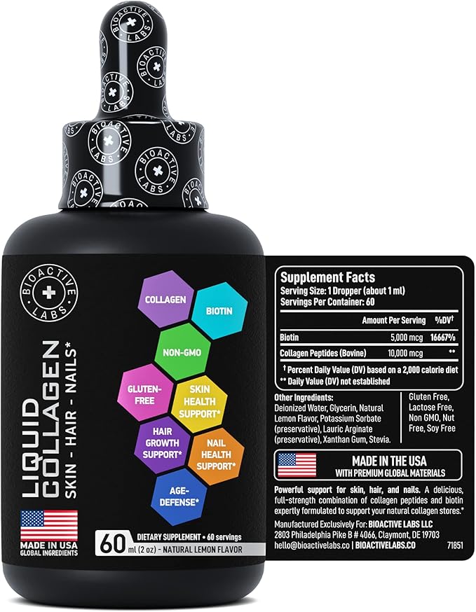 Hydrolyzed Liquid Collagen Peptides and Biotin - Hair Skin and Nails Collagen and Biotin Drops Supplement - Collagen Liquid for Women and Men - Lemon Collagen Type 1 and 3 Biotin Drop - 60ml