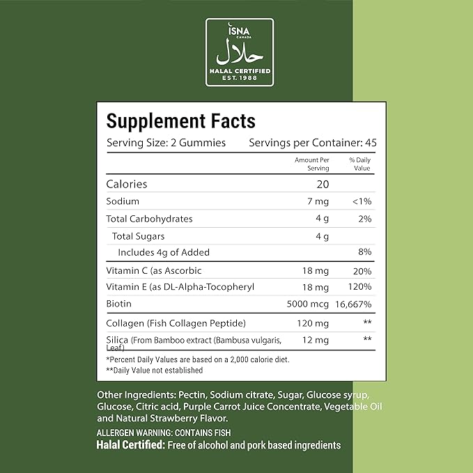 Noor Vitamins Halal Hair Vitamins Biotin, Collagen, Silica, Vitamin C & E Supports Hair, Skin & Nail Health; Natural Strawberry Gummy Vitamins. GMO, Gluten Free & a Certified Halal Vitamin (90 Count)