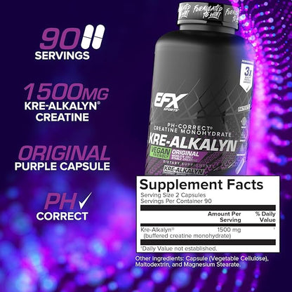 EFX Sports Kre-Alkalyn EFX | pH Correct Creatine Monohydrate Pill Supplement | Vegan Friendly | Strength & Muscle Growth | 90 Servings, 180 Veggie Capsules (Pack of 2)