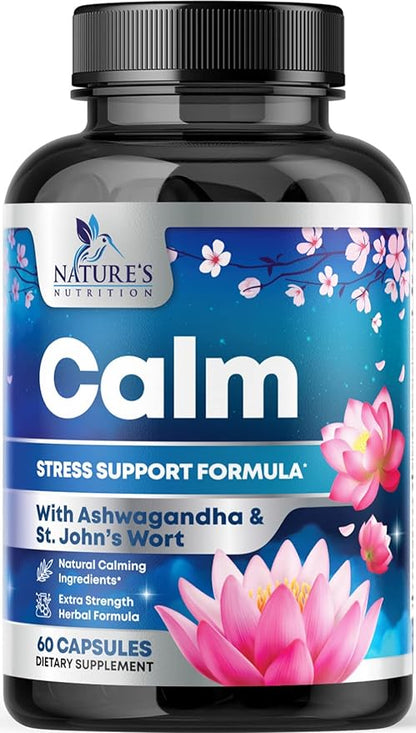 Natural Unwind, Calm, & Relax Support with Ashwagandha, GABA, Magnesium, 5-HTP, L-Theanine & B Vitamins, Natural Focus, Energy & Immune Support - Nature's Non-GMO, Vegan, Gluten Free - 60 Capsules