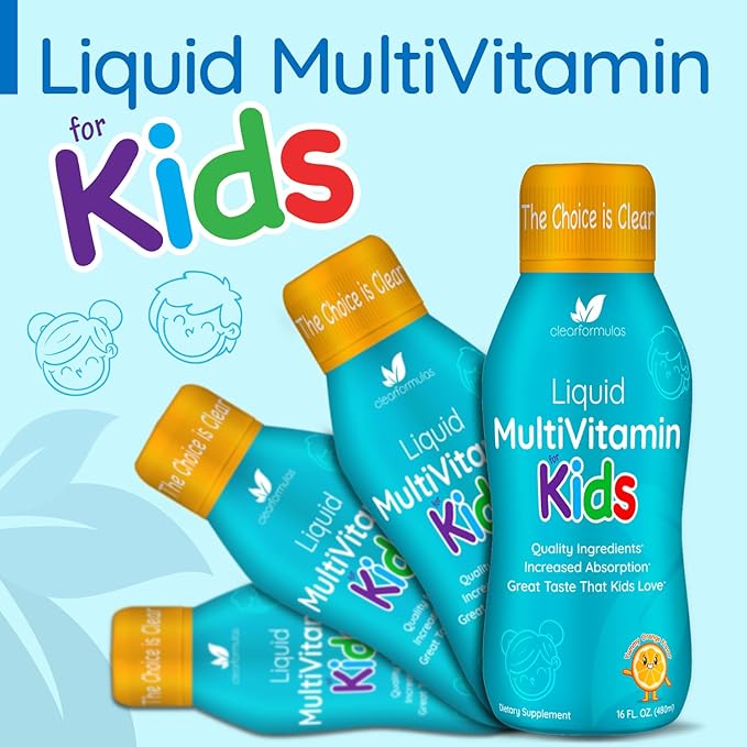 Sugar Free Liquid Multivitamin for Kids - High Absorption Kids Liquid Multivitamin with Vitamins A C D E & B Complex plus Quercetin Immune Support Complex - 3rd Party Tested - Orange Flavor (1 Month)