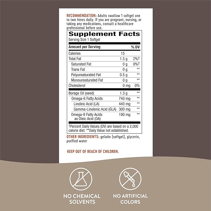 Nature's Way Borage Oil, Cold Pressed & Unrefined, GLA Supplement, 1300mg Per Serving, 60 Softgels