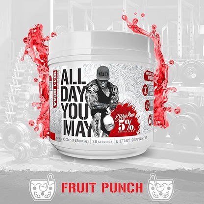 5% Nutrition Rich Piana AllDayYouMay BCAA Powder | Premium Intra & Post Workout Amino Acids, Hydration, Endurance, Muscle Recovery, Joint & Liver Support | 15.3 oz, 30 Servings (Fruit Punch)