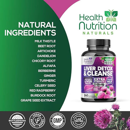 Gentle Liver Cleanse Detox & Repair Formula - Herbal Liver Support Supplement: Milk Thistle with Silymarin, Artichoke Extract, Dandelion, Beet, Chicory Root, & Turmeric for Liver Health - 240 Capsules