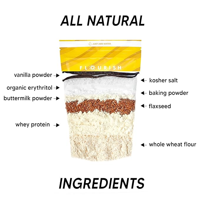 Flourish - Protein Pancake & Waffle Mix, Whey Protein Isolate & Flax Seed, Non-GMO, No Added Sugar, Superfood, High Protein & Fiber, Just Add Water - Buttermilk, 16oz