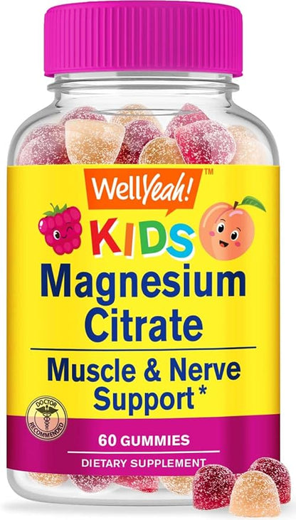 Magnesium Citrate Gummies for Kids - Chewable Stress Relief Supplement for Children - Natural Calm, Mood Support, Non-GMO, Gluten Free - Natural Sourced Flavors - 60 Gummies