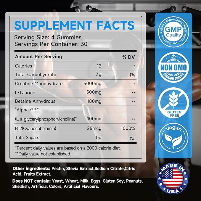 Creatine Monohydrate Gummies for Men & Women – 5000mg Creatine + 500mg L-Taurine & B12, Sugar-Free, Boost Focus, Strength & Endurance, Vegan, Anti-Melting Formula (Mixed Berry, 120 ct)