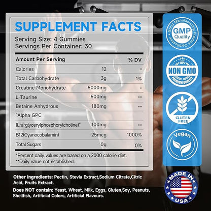 Creatine Monohydrate Gummies for Men & Women – 5000mg Creatine + 500mg L-Taurine & B12, Sugar-Free, Boost Focus, Strength & Endurance, Vegan, Anti-Melting Formula (Mixed Berry, 120 ct)