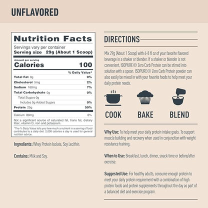 Isopure Unflavored Protein, 25g Whey Isolate, Zero Carb & Keto Friendly, 47 Servings, 3 Pounds (Packaging May Vary)