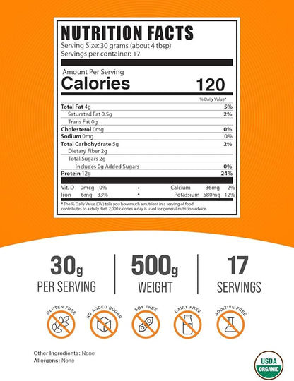 BulkSupplements.com Organic Hemp Seed Powder - Vegan Protein Powder - Unsweetened Protein Powder - Superfood Protein Powder (500 Grams - 1.1 lbs)