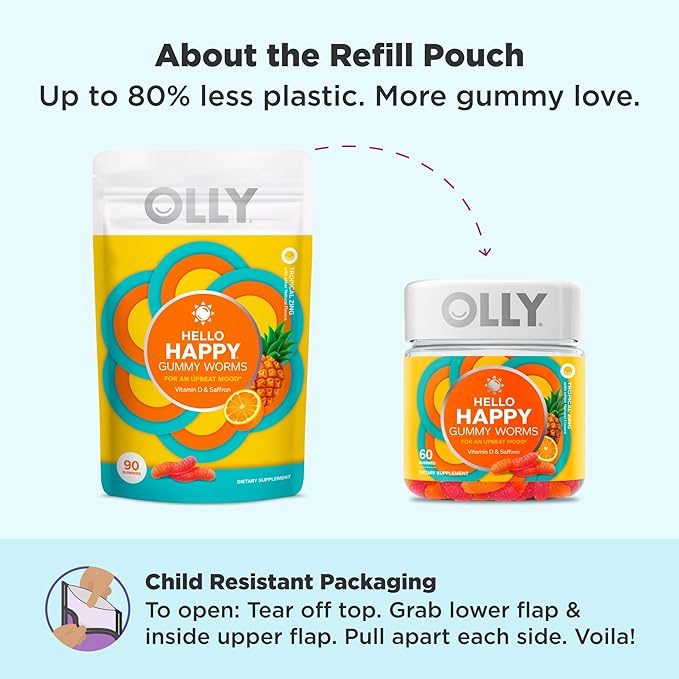 OLLY Hello Happy Gummy Worms, Mood Balance Support, Vitamin D, Saffron, Adult Chewable Supplement, Gluten Free, Tropical Zing - 90 Count