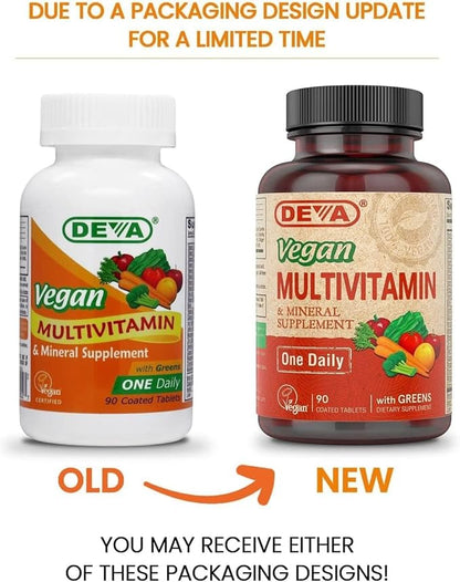 DEVA Vegan Multivitamin and Mineral Supplement - Once-Per-Day Formula with Greens - Vitamins A, C, D, E, B Complex, High-Potency Formulation for Daily Health and Wellness- 90 Coated Tablets, 1-Pack