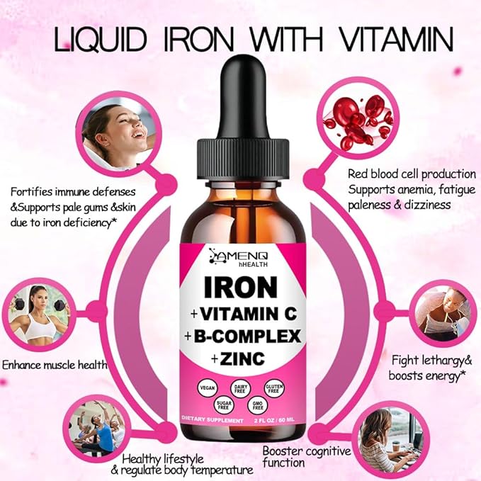 Iron Supplement for Women Men & Kids, Iron Vitamin C, A, B-Complex, Vegan Iron Drops High Potency Liquid Vitamin & Iron Supplements for Anemia, Red Blood Cell, Energy, Blood Builder, Gentle Iron