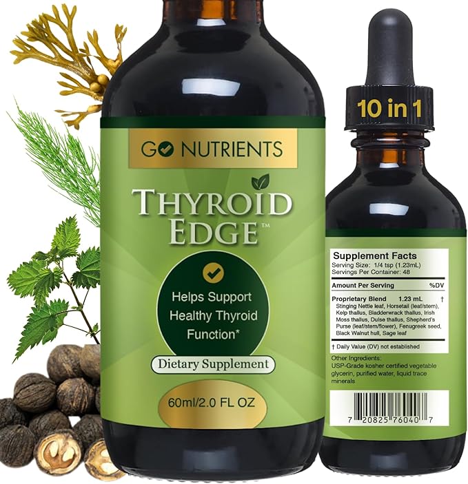 Go Nutrients Thyroid Edge - Thyroid Support for Women and Men - Comprehensive Natural Thyroid Supplement Rich in Iodine - Fast-Absorbing 2 oz Liquid Drops for Improved Energy & Enhanced Wellness