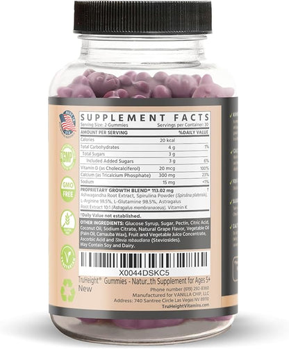 TruHeight Growth Gummies (Grape) Natural Growth & Development Supplement for Kids & Teens - Endorsed by Pediatricians - Vitamin D, K, Calcium & Ashwaganda - Bone Strength - Kids Vitamins - Ages 5+