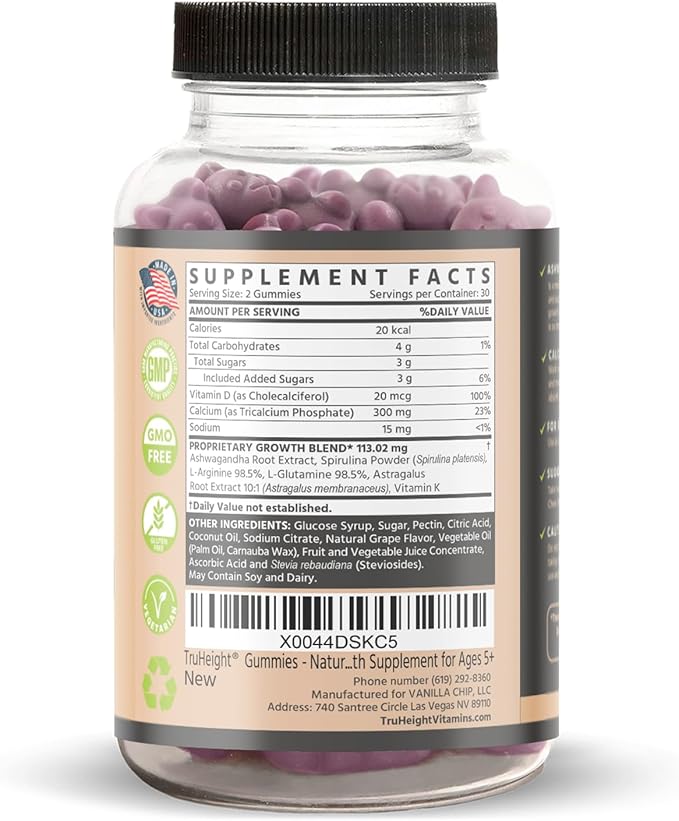 TruHeight Growth Gummies (Grape) Natural Growth & Development Supplement for Kids & Teens - Endorsed by Pediatricians - Vitamin D, K, Calcium & Ashwaganda - Bone Strength - Kids Vitamins - Ages 5+