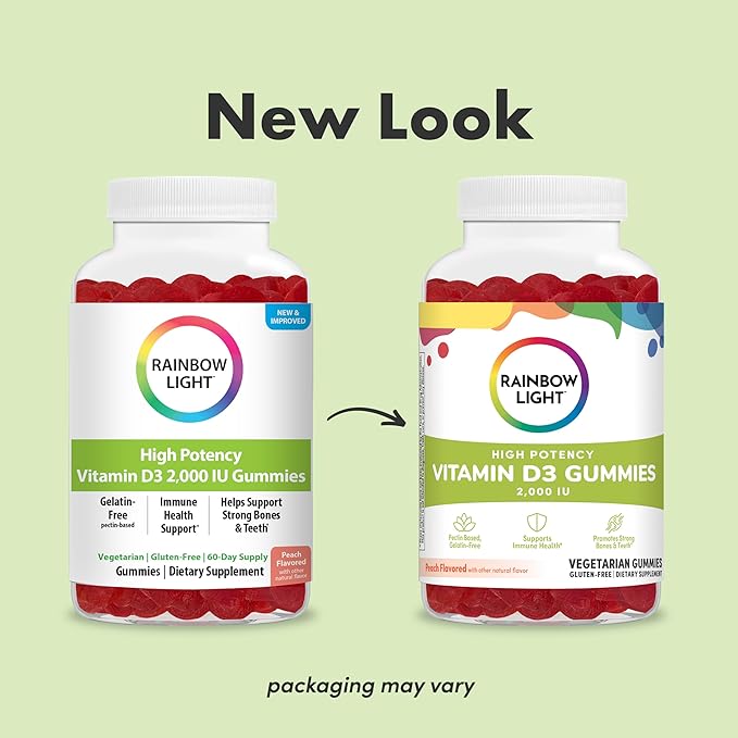 Rainbow Light Vitamin D Gummies, High Potency Vitamin D3 2,000IU Immune Health Support, Helps Support Strong Bones & Teeth, Gluten Free, Vegan, Peach, 60 Gummies