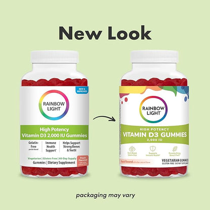 Rainbow Light Vitamin D Gummies, High Potency Vitamin D3 2,000IU Immune Health Support, Helps Support Strong Bones & Teeth, Gluten Free, Vegan, Peach, 60 Gummies