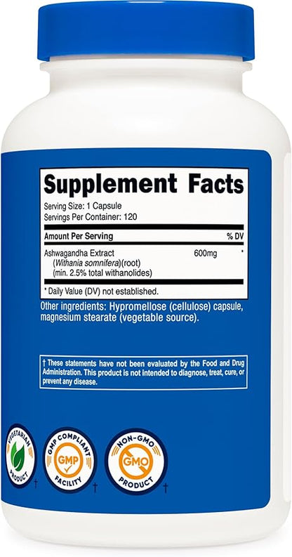 Nutricost Ashwagandha Herbal Supplement 600mg, 120 Capsules - Vegetarian, Non-GMO, Gluten Free, Ashwagandha Root
