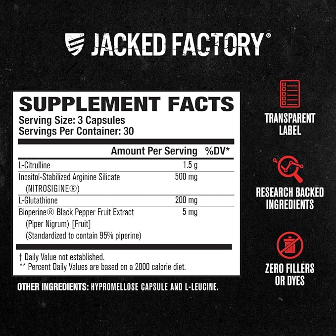 Jacked Factory N.O. XT Nitric Oxide Supplements for Men w/Nitrosigine L Arginine L Citrulline Supplement for Muscle Pumps & Vascularity - Pre Workout Nitric Oxide Booster & Muscle Builder - 90 Caps