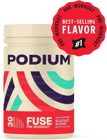 Podium Nutrition, Fuse Pre Workout Powder, Blue Razz Slushie, 30 Servings, Beta Alanine and Caffeine for Energy, Gluten Free, Soy Free, Dairy Free