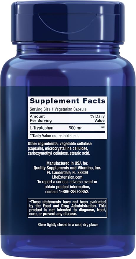 Life Extension L-Tryptophan, 500 mg, Encourages Healthy Serotonin Levels and Promotes Healthy Sleep, Mood, Stress Response & Satiety, Gluten-Free, Non-GMO, Vegetarian, 90 Capsules