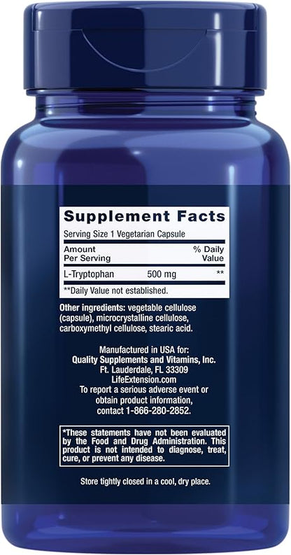 Life Extension L-Tryptophan, 500 mg, Encourages Healthy Serotonin Levels and Promotes Healthy Sleep, Mood, Stress Response & Satiety, Gluten-Free, Non-GMO, Vegetarian, 90 Capsules