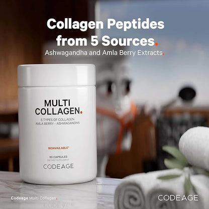 Codeage Multi Collagen Peptides Protein Capsules, 5 Collagen Types, Grass-Fed & Hydrolyzed Bovine Collagen Pills Supplement, Ashwagandha, Amla Berry Vitamins, Collagen Peptides - 2-Pack