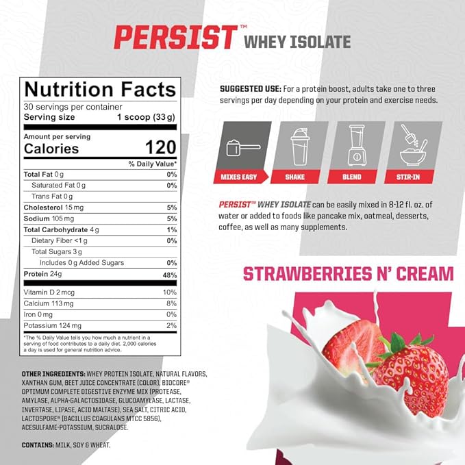 Undefined Nutrition Persist Whey Isolate by Brian Shaw - 24g Protein, 30 Servings – Supports Recovery, Strength & Performance - Gluten Free, Fast Absorbing (2.18lbs, Strawberries N' Cream)