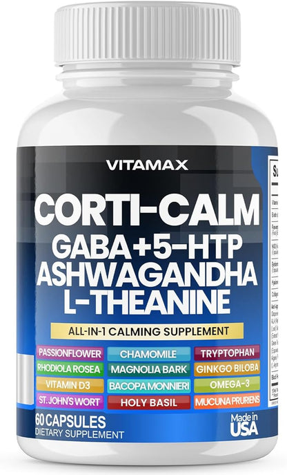 Corti-Calm Cortisol Supplement, L Theanine, Ashwagandha, Vitamin D 3, GABA for Relaxation, Fatigue & Focus with Ginkgo Biloba, Bacopa Monnieri, 5-HTP – Non-GMO, Made in USA – 60ct