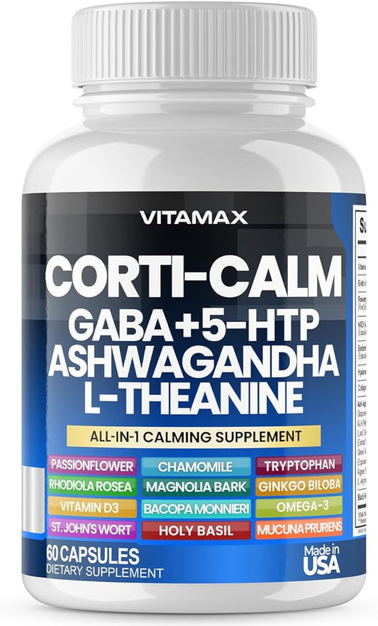 Corti-Calm Cortisol Supplement, L Theanine, Ashwagandha, Vitamin D 3, GABA for Relaxation, Fatigue & Focus with Ginkgo Biloba, Bacopa Monnieri, 5-HTP – Non-GMO, Made in USA – 60ct