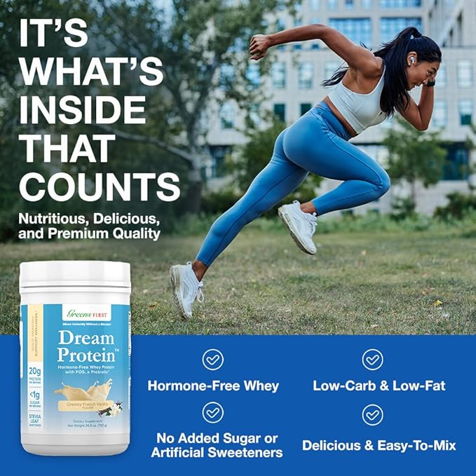 Greens First Dream Whey Protein Powder, Creamy French Vanilla, 30 Servings – 20 g Protein – Low Carb Powder – Hormone-Free, Non-GMO, No Artificial Sweeteners/MSG/Aspartame, 26.5 oz