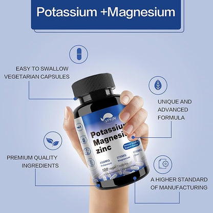 Potassium Magnesium Supplement 1000mg, Magnesium Potassium Zinc Aspartate Support Vascular, Bone, Heart, Muscle & Nerve Health, Non-GMO, Vegan, (120 Capsules)
