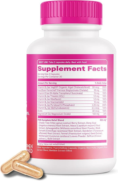 Pink Stork PMS Supplement for Women - Vitex, Ashwagandha, Maca Root & 10 Vitamins & Minerals to Support Hormone Balance, Mood, Bloating, Period Regularity - 60 Capsules
