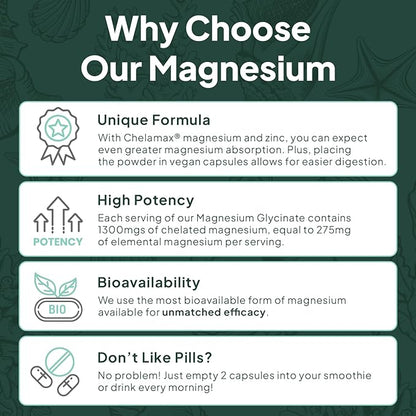 Pure Magnesium Glycinate with Zinc - Maximum Strength Chelated Magnesium Supplement for Women and Men for Muscle Cramps and Sleep Support - 3 Bottles