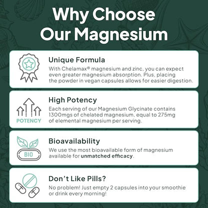 Pure Magnesium Glycinate with Zinc - Maximum Strength Chelated Magnesium Supplement for Women and Men for Muscle Cramps and Sleep Support - 6 Bottles