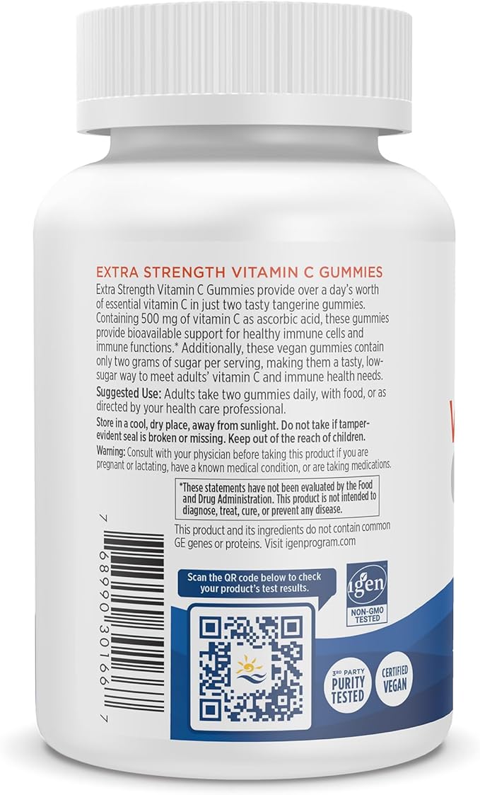Nordic Naturals Vitamin C Extra Strength Gummies - Tangerine Flavor - 60 Gummies - 500 mg Vegan Vitamin C Supplement - Low-Sugar Immune-Support Gummies - 30 Servings