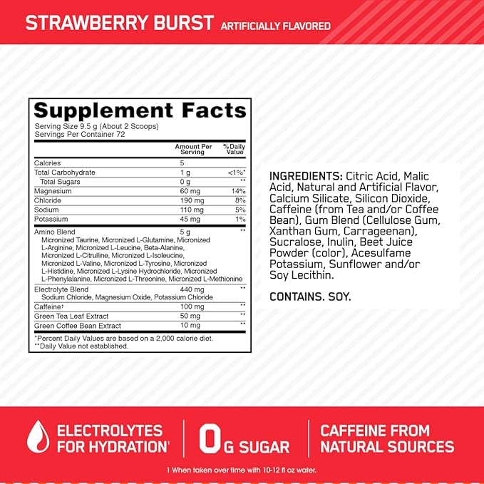 Optimum Nutrition Essential AMIN.O Energy & Electrolytes - Energy, Focus & Post-Workout Muscle Recovery - Strawberry Pre-Workout Electrolyte Powder Drink - Strawberry Burst, 1.51 lb (72 Servings)