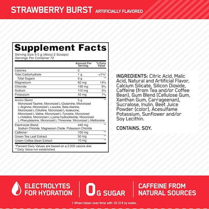 Optimum Nutrition Essential AMIN.O Energy & Electrolytes - Energy, Focus & Post-Workout Muscle Recovery - Strawberry Pre-Workout Electrolyte Powder Drink - Strawberry Burst, 1.51 lb (72 Servings)