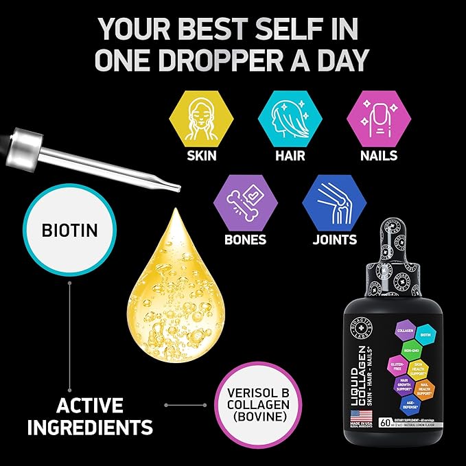 Hydrolyzed Liquid Collagen Peptides and Biotin - Hair Skin and Nails Collagen and Biotin Drops Supplement - Collagen Liquid for Women and Men - Lemon Collagen Type 1 and 3 Biotin Drop - 2-Pack, 2x60ml